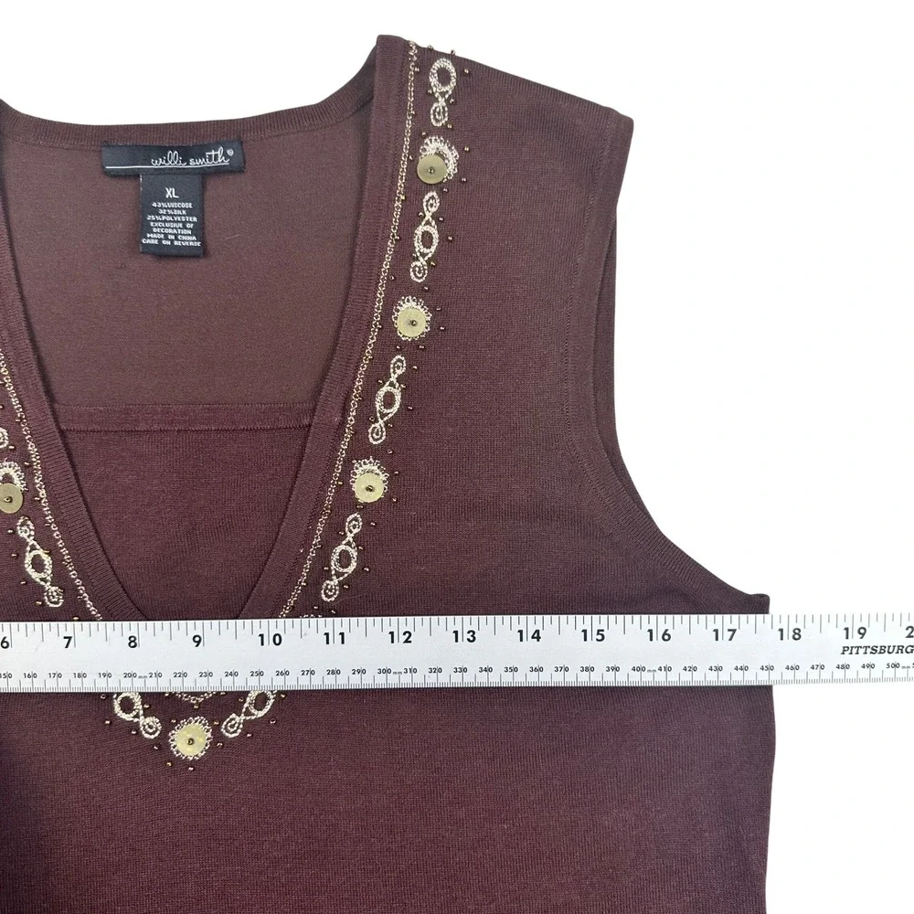 Willi Smith Brown Silk blend‎ Sleeveless Sweater Top XL Embellished V Neck Tank - Picture 9 of 11